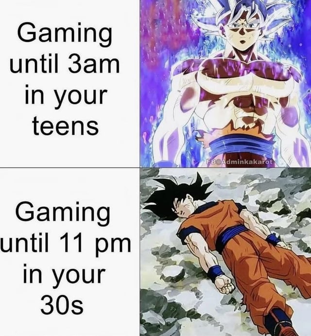 A two-panel meme contrasting gaming stamina across ages using Dragon Ball characters. The top panel features Goku in a powerful, glowing form (likely Ultra Instinct) with the text 'Gaming until 3am in your teens,' symbolizing youthful energy. The bottom panel shows Goku lying exhausted on rocky ground with the text 'Gaming until 11 pm in your 30s,' humorously depicting reduced endurance with age. Both panels use anime screenshots, with a watermark 'FB: AdminKakarot' in the top right corner.