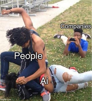 This is a single-panel satirical meme that uses a photograph of an outdoor public fight. It labels the person throwing punches as 'People', the person being beaten on the ground as 'AI', and the third person laying on the grass recording the entire fight with a smartphone as 'Companies'. The joke communicates the sentiment that ordinary people are pushing back against the disruption AI brings to jobs and livelihoods, while companies that profit from AI development simply sit back and watch the conflict without intervening, highlighting the irony of public backlash against AI while corporations benefit from the chaos.