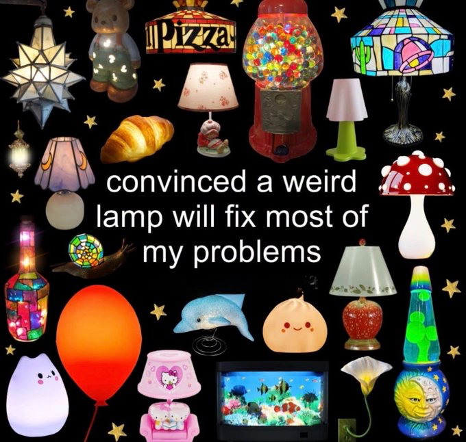 The collage meme is set against a black background scattered with small yellow star graphics. A wide variety of whimsical, unconventional novelty lamps of varying aesthetic designs are arranged around the edges of the frame, including a star-shaped moravian pendant lamp, teddy bear lamp, stained glass pizza sign lamp, floral table lamp, gumball machine lamp, stained glass UFO table lamp, moon motif stained glass pendant lamp, mushroom lamp, stained glass bottle lamp, stained glass snail lamp, gradient balloon lamp, blue dolphin lamp, cute smiling dumpling lamp, apple base table lamp, calla lily lamp, celestial moon face lava lamp, pink Hello Kitty themed lamp, fish tank lamp, and two rounded cute ghost-shaped lamps. Centered in the middle of the frame is large white sans-serif text that reads 'convinced a weird lamp will fix most of my problems'. The meme expresses the relatable sentiment that small, fun, cozy home decor items can improve one's mood and make personal problems feel more manageable.