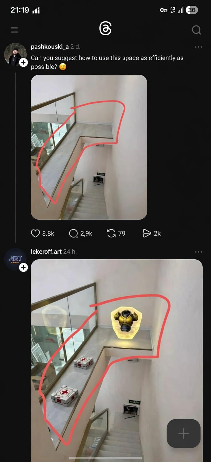 This image is a screenshot of a two-post conversation on the Threads social platform. The first post is from user pashkouski_a, who shares a photo of an empty, unused narrow ledge and corner space next to a residential staircase, highlights the empty area in red, and asks the community for suggestions to use this space as efficiently as possible. The second post is a joke reply from user lekeroff.art, who edited the original image to add iconic items from the classic first-person shooter game Doom: two health kit power-ups placed along the long narrow ledge, and a golden armor power-up placed on the upper landing. The joke plays on how Doom typically places these collectible power-ups along corridors and small ledges throughout its levels, turning the awkward empty home space into a Doom level item run.