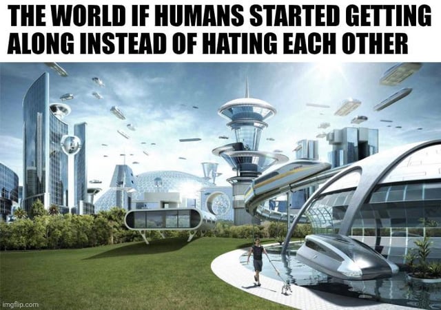 A meme featuring a vibrant, futuristic cityscape with advanced architecture, flying vehicles, green spaces, and a person walking a dog. The top text reads 'THE WORLD IF HUMANS STARTED GETTING ALONG INSTEAD OF HATING EACH OTHER', suggesting an idealistic utopia resulting from human harmony.