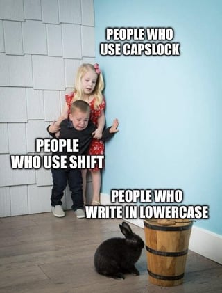 This meme uses a stock photo of a calm young girl holding back an upset crying young boy, with a completely unbothered black rabbit sitting on the floor nearby. Three text labels are overlaid on the image: the girl is labeled 'PEOPLE WHO USE CAPSLOCK', the crying boy is labeled 'PEOPLE WHO USE SHIFT', and the rabbit is labeled 'PEOPLE WHO WRITE IN LOWERCASE'. The joke plays on the relative effort of different capitalization methods when typing: using caps lock is low effort and calm, holding shift for every capital letter requires more effort and frustration, while typing entirely in lowercase is the most low-effort, relaxed, unbothered option.