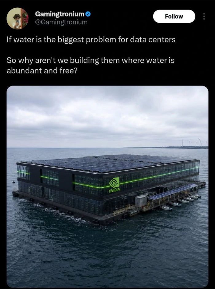 This is a screenshot of a post from X (Twitter) user Gamingtronium, which contains a rhetorical question: "If water is the biggest problem for data centers So why aren't we building them where water is abundant and free?". The question is paired with an AI-generated image of a large, modern two-story floating data center facility branded with the Nvidia logo, situated entirely in the open ocean. The facility's roof is covered with solar panels, a dock with small boats is attached to its side, and wind turbines are visible on the distant shoreline. The humor of the post derives from the fact that the question poses a seemingly simple solution to data center water needs, but ignores critical practical barriers including saltwater corrosion, storm damage, extreme maintenance difficulties, internet connectivity challenges, power infrastructure requirements, and far higher operational costs of ocean-based facilities, perfectly illustrating the concept of having unvetted ideas without the supporting knowledge to understand why those ideas are not feasible.