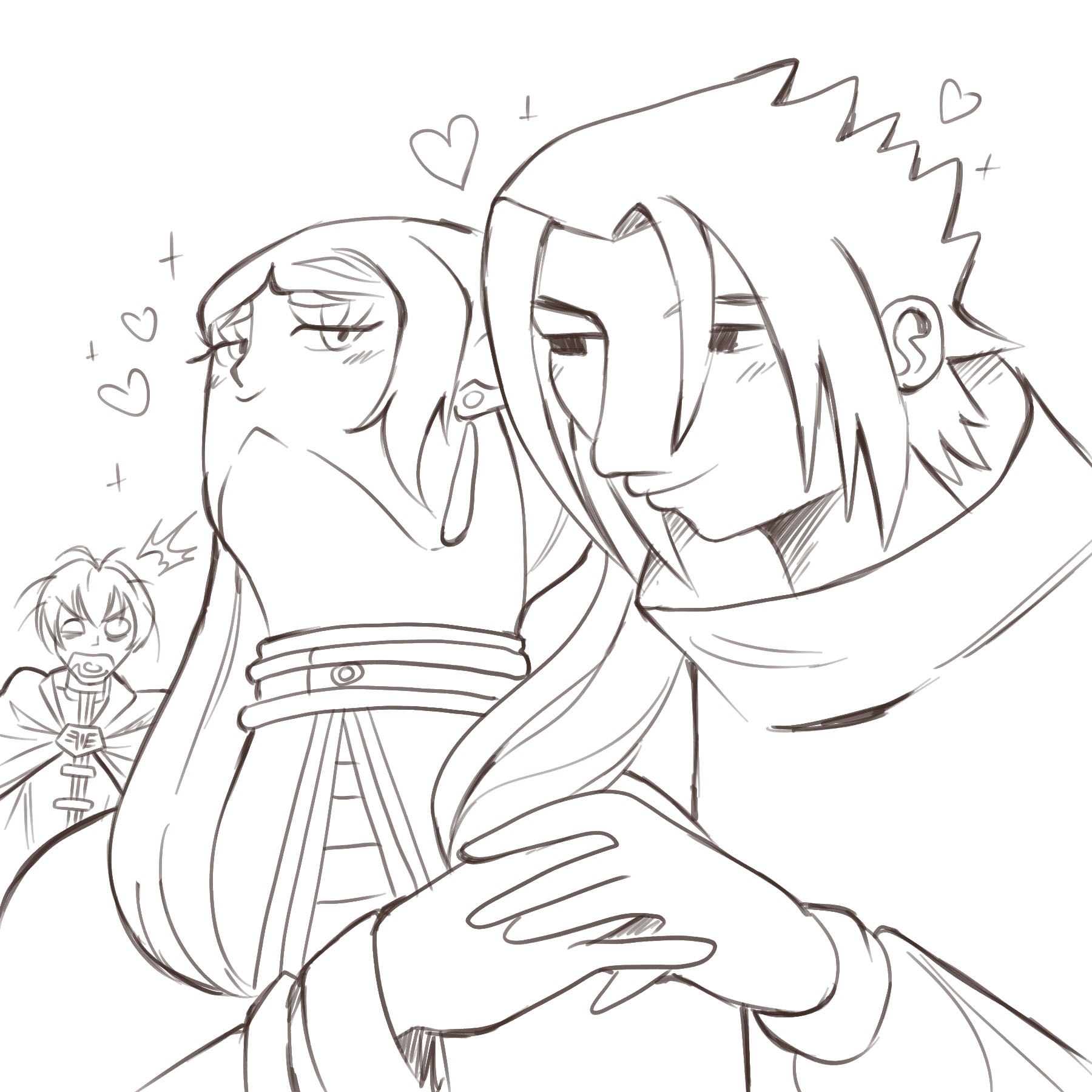 A black and white sketch depicting a romantic scene between two anime-style characters. In the foreground, a male character with spiky hair and a scarf embraces a female character with long hair and a high-collared outfit. Both have gentle expressions, with the female appearing slightly shy and the male looking affectionately at her. Floating hearts surround the couple, emphasizing their romantic connection. In the background, a smaller character with spiky hair holds an '18+' sign and looks shocked or surprised at the couple.