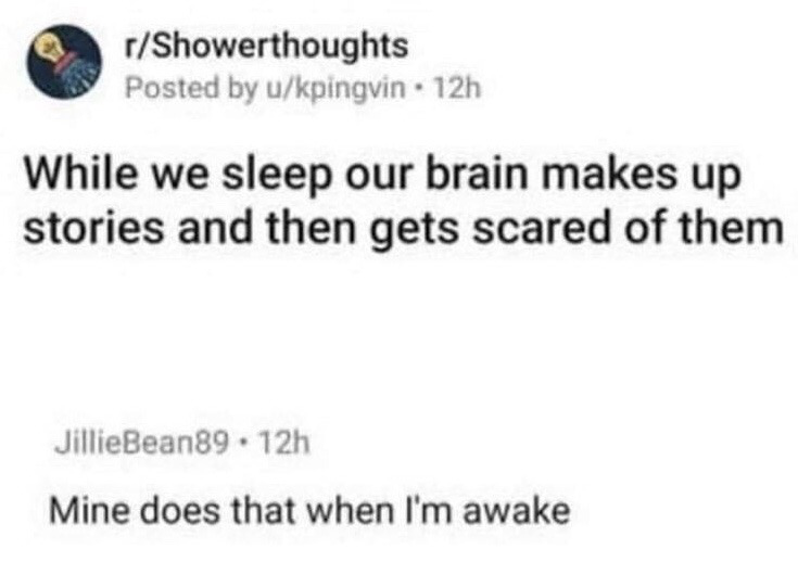 This is a text-based meme consisting of a screenshot of an interaction on the Reddit subreddit r/Showerthoughts, a community for sharing casual, offhand observations. The original post from user u/kpingvin reads: 'While we sleep our brain makes up stories and then gets scared of them', a reference to the common experience of having frightening nightmares created by the subconscious during sleep. A reply from user JillieBean89 follows, stating 'Mine does that when I'm awake', which is a self-deprecating, relatable joke implying the commenter experiences anxious intrusive thoughts or overthinking that causes them unnecessary fear even when they are fully conscious, drawing a humorous parallel between nightmares and waking anxiety.