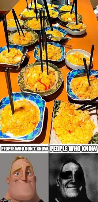A two-panel meme featuring a humorous comparison between people unaware and aware of hidden knowledge about fried rice. The top section shows multiple bowls of orange fried rice with chopsticks, arranged on an orange table. The bottom section is split left-right: left has an animated character (Mr. Incredible from 'The Incredibles') with a confused, oblivious expression labeled 'PEOPLE WHO DON'T KNOW'; right has a black-and-white image of a man with a knowing, smug smile labeled 'PEOPLE WHO KNOW'. The joke implies insider knowledge about the fried rice that only some understand.