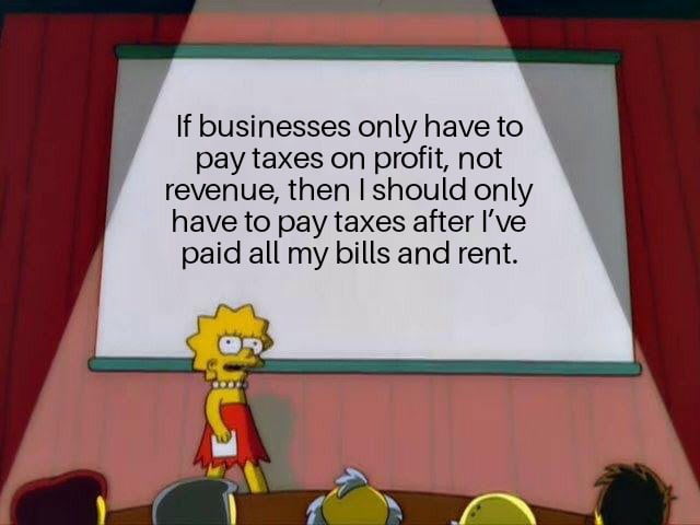 A meme featuring a scene from *The Simpsons* where Lisa Simpson stands in front of a projection screen. She appears earnest, holding a piece of paper, while the screen displays text arguing for personal tax fairness: 'If businesses only have to pay taxes on profit, not revenue, then I should only have to pay taxes after I've paid all my bills and rent.' Other characters are seated at a table in the foreground, facing Lisa. The image uses humor and satire to comment on perceived inconsistencies between business and personal tax policies.