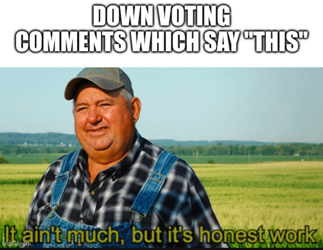 This is a captioned meme using the classic "honest work farmer" template. The image features a smiling middle-aged farmer wearing denim overalls, a plaid shirt, and a grey cap, standing in a wide open green agricultural field under a clear pale blue sky. Large bold white text with black outline at the top reads "DOWN VOTING COMMENTS WHICH SAY 'THIS'", while yellow text with black outline at the bottom displays the iconic template line "It ain't much, but it's honest work". The joke references the common widespread frustration on social media platforms, particularly Reddit, with low-effort comments that only consist of the word "this" to express agreement with a prior post or comment. The meme frames the act of downvoting these unhelpful, low-value comments as a small but worthy and useful public service, which the original poster humorously equates to performing religious good works in their post title.