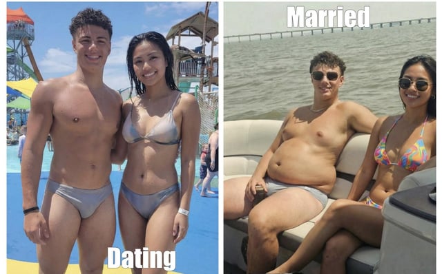 A two-panel comparison meme. The left panel, labeled 'Dating', depicts a fit man and woman in matching silver swimwear standing at a water park with colorful slides and other visitors in the background; both appear happy and energetic. The right panel, labeled 'Married', shows the same couple: the woman remains in swimwear (now a colorful pattern) while the man is noticeably overweight, sitting on a boat with a body of water and a pier in the background; both wear sunglasses and have a relaxed demeanor. The meme humorously exaggerates the stereotype of men gaining weight after marriage through a visual before-and-after contrast.