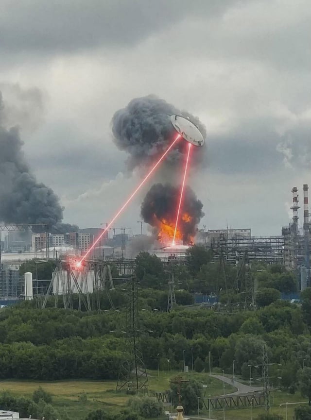 This is an edited humorous meme image. The base is a real photograph of an industrial site experiencing a large explosion, with visible bright orange fire and multiple large plumes of dark black smoke rising into a grey overcast sky. A classic disc-shaped flying saucer UFO is digitally added to the sky, with two bright red laser beams edited to extend from the bottom of the UFO down to the burning industrial facility, creating the joke implication that the alien spacecraft is attacking the plant and caused the explosion. The foreground of the image includes green forested areas, open grassy land, and electrical power transmission towers, with industrial and residential buildings visible in the midground.
