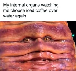 This meme combines a humorous text caption with a visually absurd image to create a relatable joke about unhealthy daily choices. The top text reads: 'My internal organs watching me choose iced coffee over water again', framing the act of picking a caffeinated, often sugary drink over water as a decision that one's body disapproves of. Below the text is an image of a face constructed from cooked bacon, featuring a wrinkled, unimpressed, judgmental expression with wide, staring eyes. The joke relies on personifying internal organs as critical observers, and the absurdity of the bacon face amplifies the comedic, self-deprecating tone of the meme, making light of a common guilty habit many people recognize.