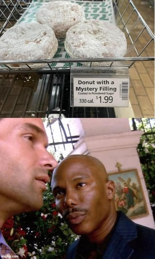 A two-panel meme. The top panel shows a wire rack with three powdered donuts, accompanied by a label reading 'Donut with a Mystery Filling' priced at $1.99 (330 calories). The bottom panel features two men in a garden setting with flowers and a classical-style painting in the background, staring intensely at each other, likely expressing curiosity or suspicion towards the 'mystery filling' donuts.