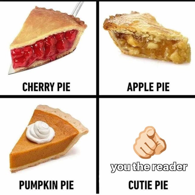 A 2x2 grid meme featuring four quadrants. Top-left: 'CHERRY PIE' with a slice of cherry pie showing red filling. Top-right: 'APPLE PIE' with a slice of apple pie with visible apple chunks. Bottom-left: 'PUMPKIN PIE' with a slice topped with a swirl of whipped cream. Bottom-right: 'CUTIE PIE' with an illustration of a pointing hand and the text 'you the reader', using the pun that 'cutie pie' is a term of endearment referring to the viewer.