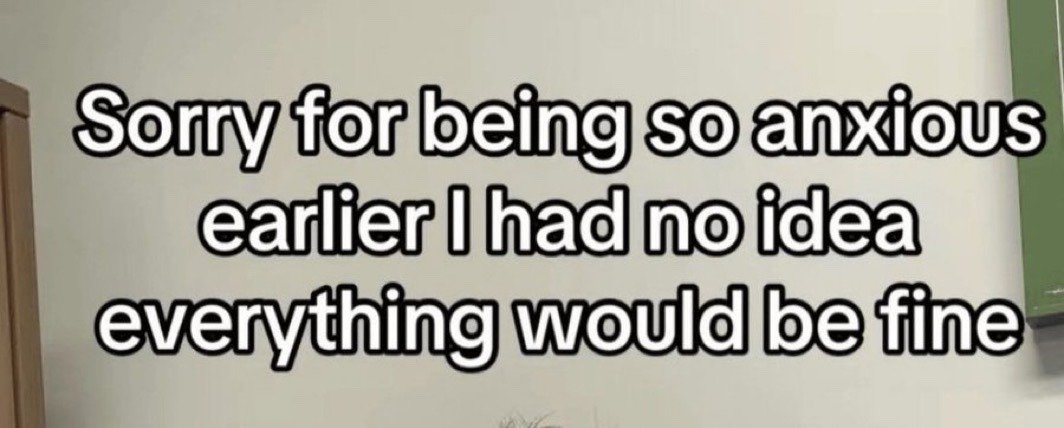 This is a simple text-based meme set against a blurred plain light-colored interior wall background. Bold white text with black outlines is displayed prominently, reading 'Sorry for being so anxious earlier I had no idea everything would be fine'. It conveys a relatable, humorous feeling of regret over overreacting with unwarranted anxiety before a situation resolves positively without issues.
