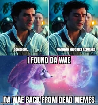 A three-panel meme. The top two panels feature a man in a blue shirt with a serious expression, with overlaid text: 'SOMEHOW... HAS MANAGED TO RETURNED'. The third panel shows the purple Ugandan Knuckles meme character against a cosmic background, with text 'I FOUND DA WAE' above and 'DA WAE BACK FROM DEAD MEMES' below, humorously implying the resurgence of the 'da wae' meme, which was popular in the late 2010s.