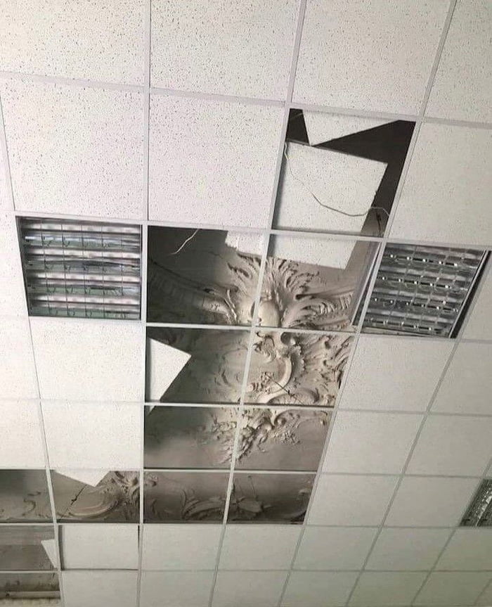 The image shows a typical modern office drop ceiling made of plain white perforated acoustic tiles arranged in a metal grid, with embedded rectangular fluorescent light fixtures. Multiple tiles in the center of the frame have been removed, revealing a highly ornate, intricately carved baroque-style decorative plaster ceiling underneath, featuring elaborate scroll, floral, and relief patterns typical of luxury historic building interiors. The humor derives from the stark, unexpected contrast between the mundane, generic modern office ceiling and the opulent, detailed historic ceiling hidden beneath it.