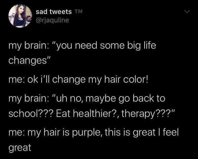 This is a screenshot of a humorous, relatable tweet showing an internal exchange between a person and their own brain. The brain first instructs the person that they need to make major, meaningful life changes. The person responds by deciding to change their hair color, a trivial, superficial adjustment. The brain pushes back, suggesting far more substantial, difficult improvements including returning to school, eating a healthier diet, or attending therapy. The person completely ignores these more meaningful suggestions, celebrates their new purple hair, and states they feel great. The humor comes from the widely relatable experience of choosing easy, low-effort cosmetic or superficial changes instead of addressing larger, more challenging areas of personal growth and life improvement.