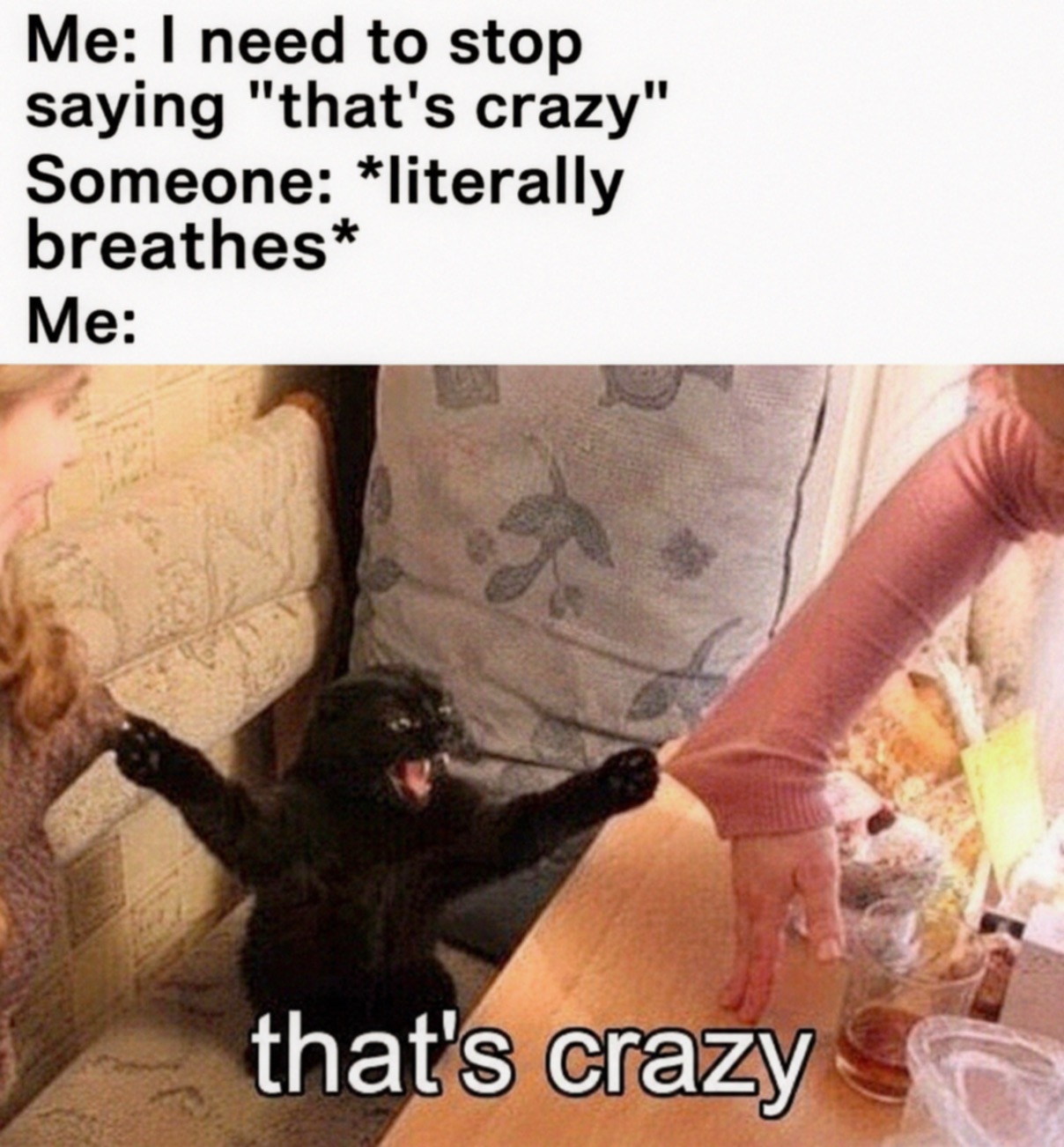 This meme depicts a relatable humorous scenario: the top text sets up that the narrator intends to stop overusing the phrase 'that's crazy', then notes that someone performs the most trivial, normal action of simply breathing. The punchline is a widely recognized reaction image of an agitated black cat sitting upright with its front paws outstretched towards two people on either side, yelling, with the text 'that's crazy' overlaid on the cat, implying the narrator immediately fails at their goal and uses the phrase even for completely unremarkable events.