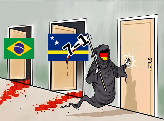 This is a satirical sports meme featuring a cartoon grim reaper personifying the German national football team. The reaper has the German flag in place of its face, floats down a hallway, and holds a blood-dripping scythe marked with the score "7-1". Behind it are two open doors, one marked with the Brazilian national flag and one marked with the Curacao national flag, both with trails of blood leading out of the rooms. The reaper is knocking on a third closed door, implying it is about to deliver another heavy lopsided defeat to the next opposing national football team. The joke references Germany's historic 7-1 semi-final win over host Brazil at the 2014 FIFA World Cup, followed by another 7-1 international victory over Curacao, framing the blowout wins as the reaper metaphorically "killing" opposing teams.