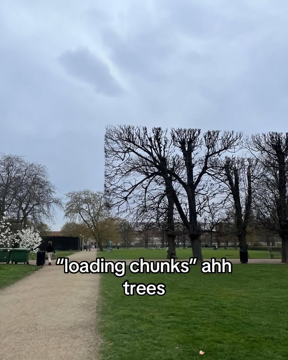 This is a candid photograph of a public park on an overcast day. In the foreground, several leafless pollarded pruned trees have a sharp, blocky, low-resolution appearance at their upper edges, strongly resembling partially loaded, unrendered map assets in an open world video game. Overlaid text at the bottom of the image reads "“loading chunks” ahh trees", making a humorous comparison between the oddly shaped trees and glitching, slowly loading map chunks common in open world games like Minecraft or Grand Theft Auto. The scene also includes a gravel walking path on the left, green grass, partially foliated trees in the distance, a few distant park visitors, green trash bins, and white flowering bushes on the left edge of the frame.
