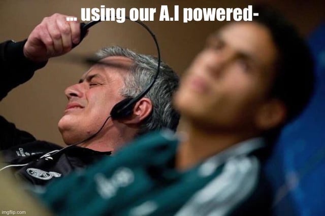 The image features two individuals in a casual setting. An older person with gray hair, wearing a black jacket, holds a headset to their ear with a relaxed expression, possibly resting. In the foreground, a younger person in a green jersey with white stripes leans back with eyes closed, appearing to sleep or rest. A text overlay at the top reads '... using our A.I powered-', creating a sarcastic or humorous context that mocks overhyped claims of AI usage while the subjects are not actively engaged. The watermark 'imgflip.com' is visible in the bottom left corner.