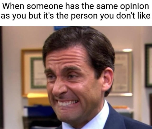 A meme featuring a screenshot of Michael Scott, a character from the TV show 'The Office,' displaying a forced, uncomfortable smile with furrowed brows. The top text reads: 'When someone has the same opinion as you but it's the person you don't like,' humorously depicting the relatable scenario of reconsidering one's stance upon realizing alignment with a disliked individual.