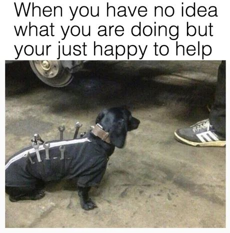 This is a wholesome meme featuring a small real black dachshund standing on a workshop floor underneath a lifted car. The dog wears a tiny mechanic work shirt that has multiple wrenches placed into the shirt's back pockets, and is looking towards a human mechanic whose foot and leg are visible to the right. The top text reads "When you have no idea what you are doing but your just happy to help", which jokes about the relatable situation of being clueless about a task but still eager to participate and help out, leaning into the cute image of the dog pretending to be a mechanic.