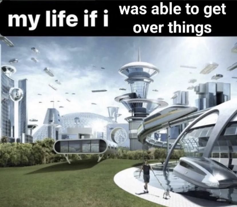 This meme features a polished, idyllic futuristic sci-fi cityscape, complete with sleek modern skyscrapers, flying personal and public transit vehicles, well-maintained green park space, and a person casually walking a small dog along a paved path. The text overlay at the top of the image is slightly split, forming the full implied phrase 'My life if I was able to get over things'. The joke relies on humorous exaggeration, suggesting that simply letting go of minor personal grudges or lingering small frustrations would result in a perfect, advanced, stress-free utopian life, highlighting how much holding onto trivial issues negatively impacts many people's daily experiences.