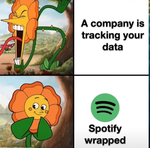 A 2x2 grid meme. Top-left: Animated orange flower character with aggressive expression, sharp teeth, holding a red cup with a straw, leaning menacingly. Top-right: Text 'A company is tracking your data'. Bottom-left: Same flower character with cute, innocent expression, hands near face, smiling. Bottom-right: Spotify logo and text 'Spotify wrapped'. The meme humorously contrasts the perceived menace of data tracking with the harmless appeal of Spotify Wrapped, implying users accept data collection when framed as a fun annual summary.