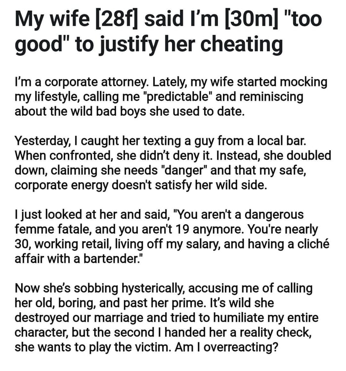 This is a text-only relationship anecdote post. It recounts the story of a 30-year-old male corporate attorney whose 28-year-old wife had been mocking his stable, predictable corporate lifestyle and expressing nostalgia for the 'wild bad boys' she dated when she was younger. The husband caught his wife texting a man who works at a local bar; when confronted, she did not deny cheating, and instead claimed she needed 'danger' that his safe, corporate energy could not satisfy to justify her actions. The husband responded by pointing out that she is nearly 30, works a retail job, is financially supported by his salary, and is having a cliché affair with a bartender rather than living an edgy, dangerous fantasy. After this response, his wife began sobbing hysterically, accused him of calling her old, boring, and past her prime, and framed herself as the victim, despite having cheated on him and attempted to humiliate him first. The post ends with the husband asking readers if he overreacted with his comment.