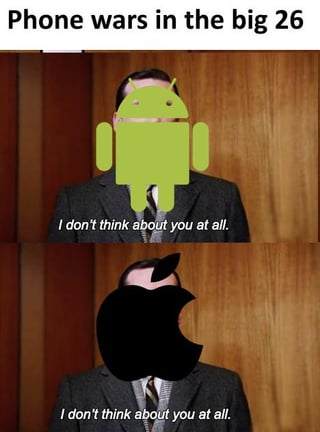 This two-panel meme satirizes the long-standing rivalry between Android and Apple smartphone brands. The top panel features a man in a formal suit with the green Android logo over his face, paired with the caption "I don't think about you at all." The bottom panel repeats the exact same visual of the man, but replaces the Android logo with the black Apple logo, using the identical caption. The humor comes from the ironic double meaning: while both brands publicly claim to disregard one another, the use of the same template and identical line highlights that their competitive dynamic is a central part of their public identity, and they are in fact highly focused on each other's presence in the market.
