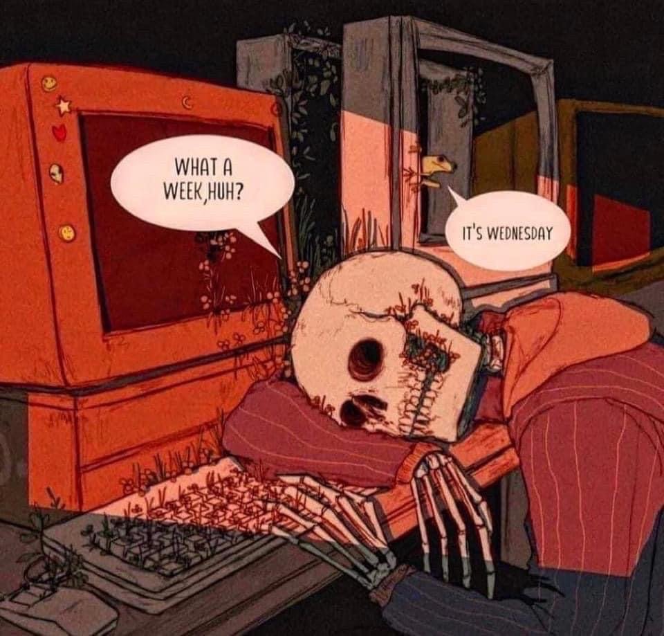 This is a hand-drawn dark humor relatable meme. It depicts a skeleton wearing a striped hoodie slumped face-down over a desk in front of a vintage orange CRT monitor. Plants are growing out of the skeleton's skull, the keyboard, and around the monitor, implying the skeleton has been dead at his workstation for a very long time. A speech bubble coming from the monitor reads "WHAT A WEEK, HUH?". In the background, a small frog peeks out of a broken old monitor and replies with a speech bubble that says "IT'S WEDNESDAY". The joke plays on the common relatable feeling of extreme exhaustion and burnout from work or school that makes people feel like they have already survived an entire full week even though it is only Wednesday, the middle of the standard work week.