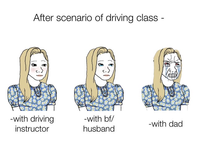 A three-panel comic depicting a woman with long blonde hair wearing a blue floral dress, illustrating her emotional reactions after a driving class scenario with different individuals. The first panel (labeled '-with driving instructor') shows her with a neutral, slightly embarrassed expression. The second panel (labeled '-with bf/husband') shows her looking sad and downcast. The third panel (labeled '-with dad') shows her in extreme distress, crying with tears, red eyes, and a distorted face. The top text reads 'After scenario of driving class -'.