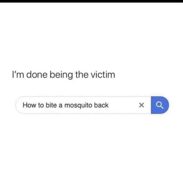 This is a simple, absurdist relatable meme. It displays the line "I'm done being the victim" above a Google-style search bar, with the search query "How to bite a mosquito back" entered into the search field. The joke leans into the extreme frustration people feel when repeatedly bitten by mosquitoes, leaning into the absurdity of retaliating against a mosquito by biting it back instead of using normal pest control methods.