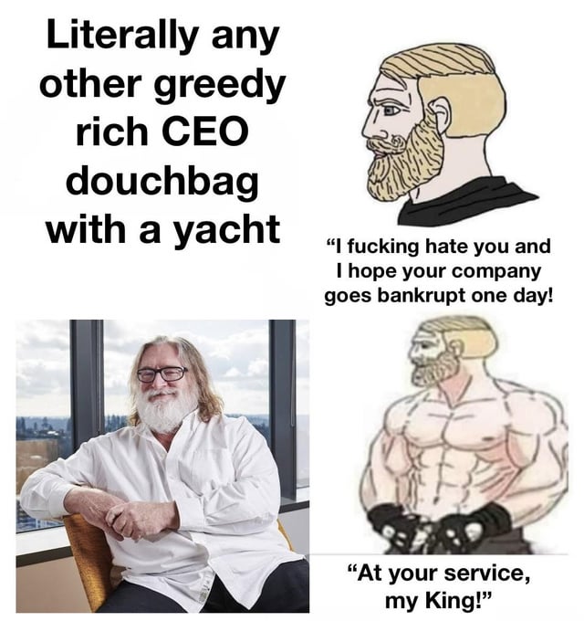 This is a two-panel comparison meme using the popular Nord Chad reaction format. The top section introduces generic wealthy, greedy corporate CEOs, paired with a drawing of a blonde bearded man reacting angrily, stating he hates this type of CEO and wishes their company would go bankrupt. The bottom section shows a photograph of Gabe Newell, the well-loved CEO of Valve Corporation (creator of the Steam gaming platform), and the same bearded character is now drawn as a muscular, reverent Chad expressing total adoration for Gabe Newell. The joke relies on the widespread positive perception of Gabe Newell in gaming communities, where he is viewed as far more consumer-friendly than most other large company executives.