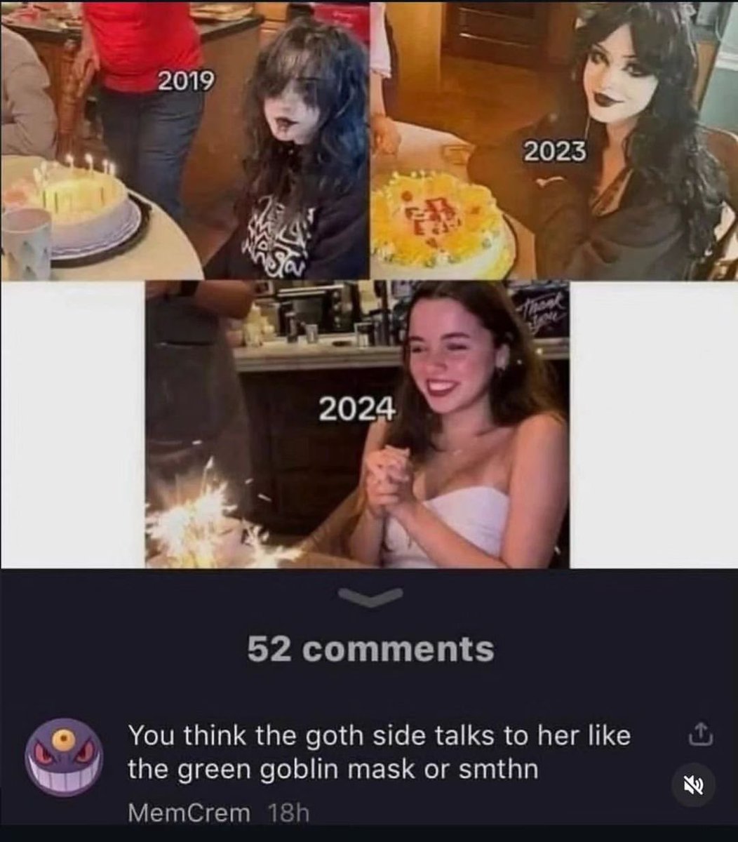 This meme is a 3-panel collage showing the same woman at her birthday celebrations across three years: the 2019 panel shows her with an unpolished emo/goth aesthetic, messy hair covering her face, smudged dark lipstick, sitting next to a birthday cake with lit candles. The 2023 panel shows her with a refined goth look, neat dark makeup, styled dark hair, smiling next to a yellow fruit birthday cake. The 2024 panel shows her having abandoned the goth aesthetic entirely, wearing a light strapless white dress, grinning happily with her hands clasped in front of her, next to a cake with bright sparklers. Below the collage is a screenshot of a comment section, where the top comment from user MemCrem (with a Gengar Pokemon profile picture) jokes that the woman's former goth identity still talks to her the way the Green Goblin mask speaks to Norman Osborn in Spider-Man media.