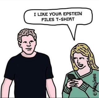 A digital comic-style illustration featuring two animated characters. On the left, a man with short hair wearing a black shirt speaks, with a speech bubble reading 'I LIKE YOUR EPSTEIN FILES T-SHIRT'. On the right, a woman with long blonde hair holds a smartphone, looking at it. The bottom right corner has a watermark: '© Jack Timpo'. The image satirically references the 'Epstein Files' as a pop culture topic through the fictional t-shirt comment.