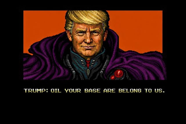 A pixel art-style image featuring a character resembling Donald Trump with blonde hair, dressed in a purple cloak, set against a solid orange background. Below the character, bold text reads: 'TRUMP: OIL YOUR BASE ARE BELONG TO US.' The design parodies the classic 1990s 'All Your Base Are Belong To Us' meme, a mistranslation from the video game *Zero Wing*, replacing 'all your base' with 'oil your base'—likely a pun combining political 'base' support with oil industry references.