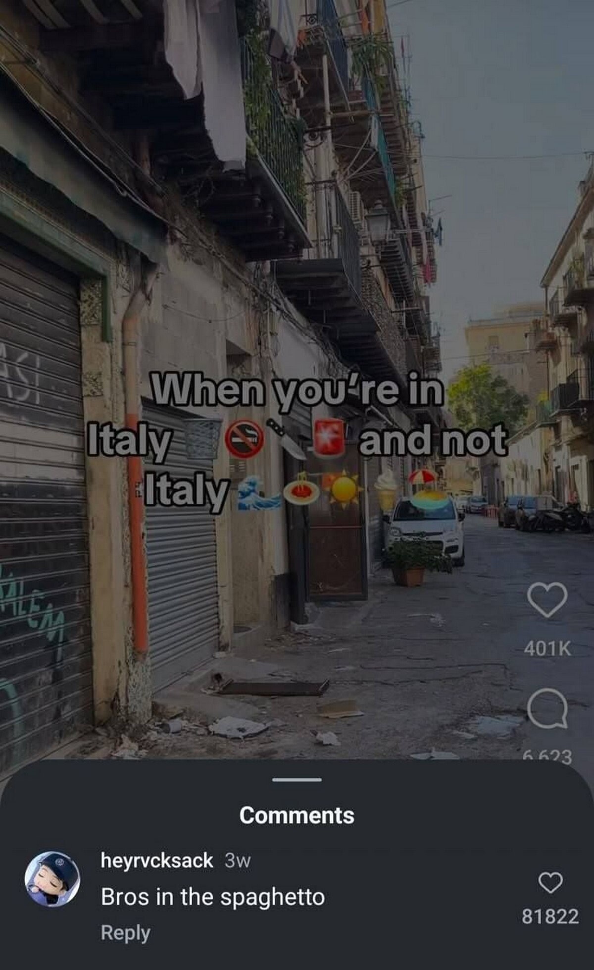 The image depicts a gritty, urban street in Italy featuring closed metal shutters, graffiti on walls, scattered trash, and parked cars. Overlaid text humorously contrasts "Italy" (accompanied by a no symbol and Switzerland flag) with "not Italy" (paired with wave, pasta, and ice cream emojis), highlighting the discrepancy between real Italian street life and stereotypical tourist imagery. The bottom section shows social media engagement metrics: 401K likes, 6.6K comments, and a top comment from user 'heyrvcksack' reading 'Bros in the spaghetti' with 81.8K likes.