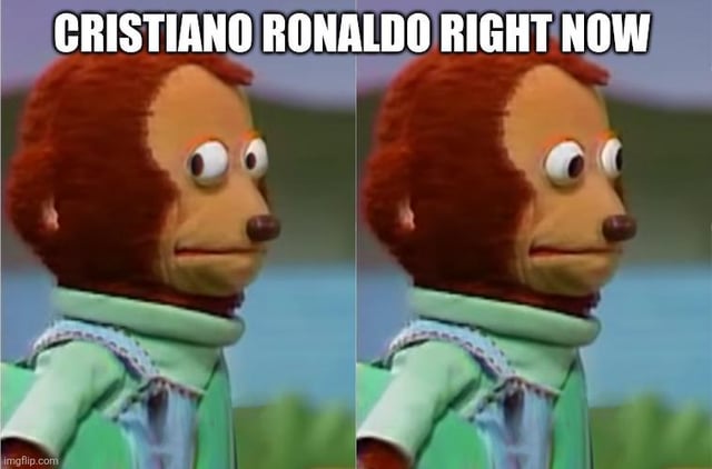 This two-panel reaction meme uses the popular Awkward Look Monkey Puppet character, with bold white text at the top reading 'CRISTIANO RONALDO RIGHT NOW'. The first panel shows the puppet looking straight ahead with a blank, slightly stunned expression, while the second panel shows the puppet glancing subtly to the side with a skeptical, disbelieving expression. The joke implies that Cristiano Ronaldo is reacting with confusion and distrust to FIFA's unusual decision to suspend an American star player's one-game suspension using a rarely used rule, suggesting he sees the decision as unfair or nonsensical.