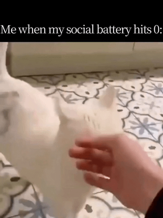 The meme features a still frame of a pure white cat lying completely flat face-down on a decorative patterned tiled floor, showing no reaction at all as a human hand reaches to pet it. The text caption at the top reads 'Me when my social battery hits 0:', using the cat's total unresponsiveness to humorously represent the experience of being fully socially drained and unwilling or unable to engage with any further social interaction.