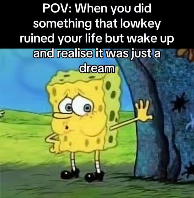This is a relatable meme featuring a screenshot of the cartoon character SpongeBob SquarePants looking dazed, exhausted, and faintly relieved as he leans against a tree. Overlaid text at the top of the image reads 'POV: When you did something that lowkey ruined your life but wake up and realise it was just a dream'. The meme captures the very specific, intense feeling of relief people experience after waking from a hyper-realistic stressful nightmare where they made a catastrophic life-altering mistake, only to realize none of the negative events actually occurred.