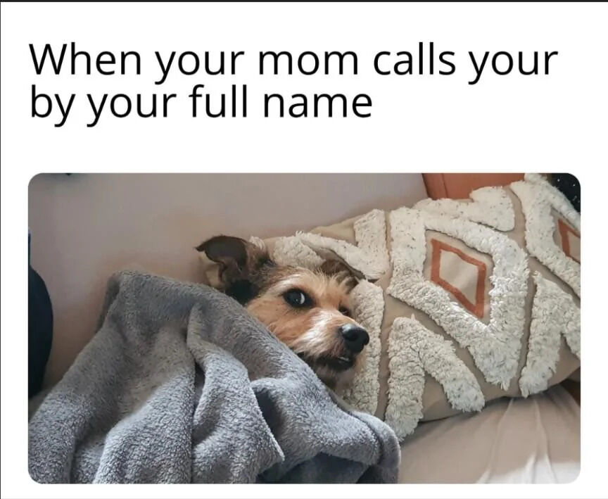 A meme featuring a top text caption 'When your mom calls your full name' above a photograph of a small dog with brown and black fur. The dog is lying on a couch, partially hidden under a soft gray blanket, with only its head and one eye visible. Behind the dog is a cream-colored, textured pillow with geometric patterns in white and orange. The dog's expression appears anxious and guilty, as if trying to conceal itself, humorously capturing the universal feeling of dread when a parent uses one's full name, typically indicating trouble or scolding.