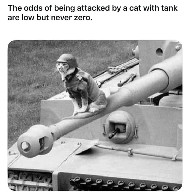The meme features a black-and-white photograph of a cat dressed in a military helmet and uniform, perched on the cannon of a tank. Above the image, bold text reads: 'The odds of being attacked by a cat with tank are low but never zero.' The humor stems from the absurd contrast between the highly unlikely scenario of a cat operating a tank and the visual of the cat appearing ready for action, creating a funny and sarcastic take on improbable events.