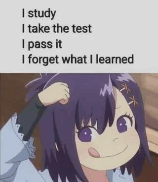 The image is divided into two sections: the top part features a text overlay that humorously describes the common student experience: 'I study I take the test I pass it I pass it I forget what I learned.' The bottom part shows an animated character with purple hair, a hairpin, and a cheerful, amused expression, possibly scratching their head, which enhances the relatable and lighthearted tone of the meme.