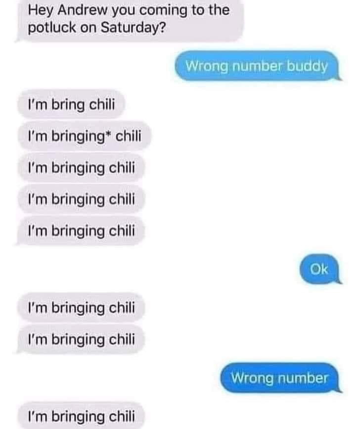 This image is a screenshot of an SMS/iMessage conversation between two unknown people. The gray message sender, who intended to text someone named Andrew, first asks if Andrew is attending a Saturday potluck. The blue message recipient immediately informs the sender they have texted the wrong number. Undeterred, the sender first sends a typo-ridden message 'I'm bring chili', corrects the typo, then proceeds to spam the phrase 'I'm bringing chili' repeatedly, even after the recipient restates that they have the wrong number. The recipient briefly responds 'Ok' to the spam before restating it is a wrong number, but the sender continues to send the same line about bringing chili anyway. The humor derives from the absurd, stubborn commitment of the wrong number sender to declare they are bringing chili, regardless of the fact they are talking to a complete stranger.
