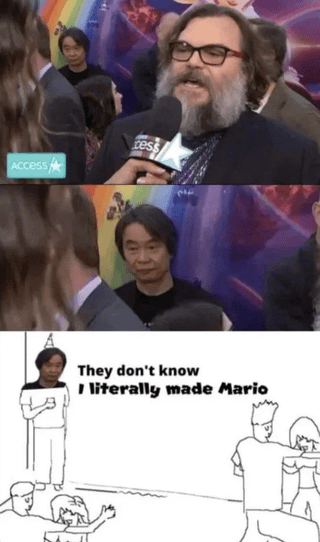 This 3-panel meme uses a real red carpet interview photo to make an ironic joke. The top panel shows actor Jack Black (who played Mario in the 2023 Super Mario Bros. Movie) speaking during an interview, while the middle panel reveals that Shigeru Miyamoto, the original creator of the Mario franchise, is standing unnoticed in the background behind him. The third panel edits Miyamoto's face onto the popular 'They don't know' meme drawing template, with the text joke 'They don't know / I literally made Mario', highlighting that the crowd and media are focused on the movie actor while the actual original creator of Mario is right there out of the spotlight.