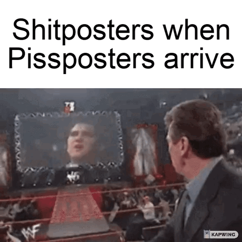This is a reaction meme using footage from a classic Attitude Era WWF (now WWE) wrestling segment. The top text reads 'Shitposters when Pissposters arrive', making an absurd comedic comparison: people who post low-effort, nonsensical content online (shitposters) are framed as being shocked and intimidated by an even more ridiculous, made-up group of low-quality content creators called 'pissposters'. The visual shows WWE chairman Vince McMahon standing outside a wrestling ring looking shocked, as the wrestler The Undertaker rises from a casket placed in the ring.