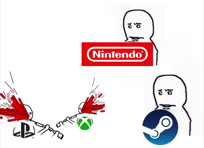 This wojak-style meme depicts the long-running 'console war' rivalry between major gaming platforms. Stick figures representing Sony PlayStation and Microsoft Xbox shoot each other at point-blank range, both suffering fatal wounds with large blood splatters. Two other platforms, Nintendo hiding behind its logo at the top and Valve's PC platform Steam in the bottom right, look on with confused, concerned expressions. The joke implies that the two largest console rivals destroy each other, leaving Nintendo and Steam as the remaining winners of the conflict. The original post was titled 'Just why'.