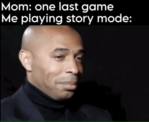 This is a relatable gaming meme consisting of a text header at the top followed by a popular reaction image of late NBA star Kobe Bryant. The top text reads 'Mom: one last game / Me playing story mode:'. The joke relies on the shared experience of video game players: story mode missions typically take much longer than quick multiplayer matches, so when given permission to play just one more game, someone playing story mode will have the resigned, unimpressed expression shown in the reaction image, as they know they will be playing for hours instead of just one short game, and cannot easily quit mid-story mission.